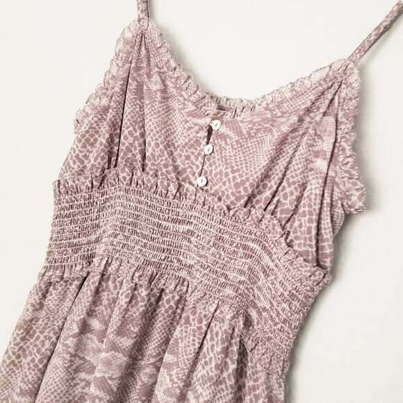 Cleobella Ruffle Trim Smocked Waist Midi Dress L Sleeveless Python Snake Slits - Picture 3 of 14